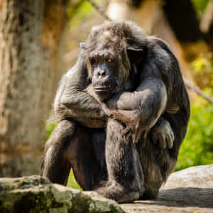 Um chimpanzé senta-se pensativamente em uma rocha em uma floresta com braços cruzados. — Fundo de macaco Papéis de Parede