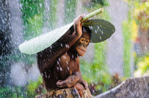 Young orangutan using a large leaf as an umbrella in the rain. — Howler Monkey Picture