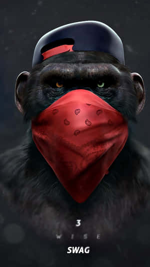 Chimpanzee in red bandana and cap with '3 WISE SWAG' text.