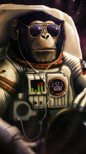 Monkey astronaut wearing sunglasses and earphones in space suit against starry background