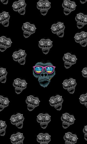 A cartoon gorilla in pink sunglasses and a cigarette surrounded by gray gorillas on black background.