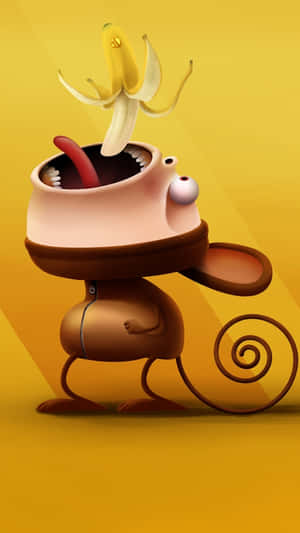 A cartoon monkey wearing a pot costume with a banana peel flying out of its mouth.