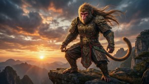 Seekor raja monyet fantasi epik berdiri di atas tebing saat matahari terbenam yang dramatis.
