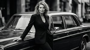 Schwarz-Weiß-Porträt von Amber Valletta in einem Anzug mit einem Oldtimer.