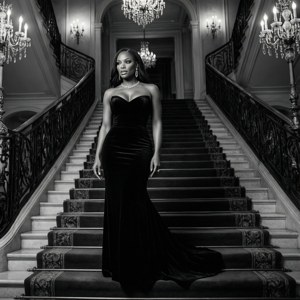 Selita Ebanks dans une robe noire sur un escalier en noir et blanc