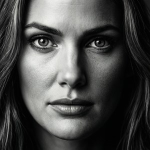 Retrato intenso em preto e branco de Blake Lively em close-up.
