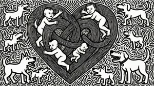 Sort og hvid Keith Haring-mønster med hjerter, babyer og hunde, indviklet linjeføring