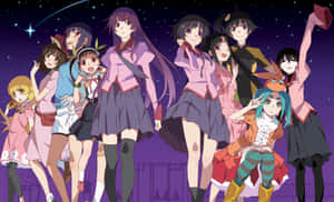 Anime-flickor i skoluniformer poserar under en stjärnklar natthimmel. — Kawaii Anime Bilder