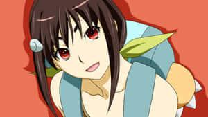 Anime-Mädchen mit roten Augen und braunen Haaren lächelt in einem blauen und grünen Outfit. — Monogatari Hintergrundbild