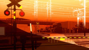 Railway crossing at sunset with red signals and overhead power lines. — Monogatari Wallpaper