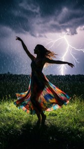 Une silhouette d'une femme dansant sous la pluie de mousson, robe colorée, ciel dramatique, sentiment de liberté.