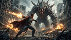 Pertempuran epik antara To Be Hero X dan monster raksasa di kota yang hancur.