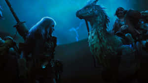 A fantasy warrior with white hair stands beside a large blue-furred creature at night.