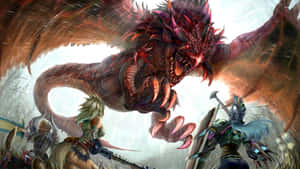 Three armored warriors battle a giant red dragon in a storm. — 2440x1440 Monster Hunter World Background