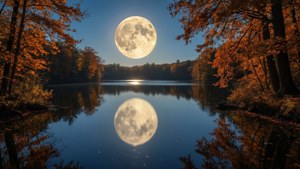Een volle maan weerspiegelt perfect in een rustig meer omringd door herfstbladeren.