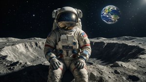 Een astronaut zit op de rand van een maankrater, met de aarde aan de hemel erboven.