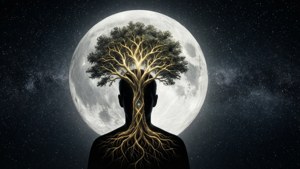 Siluet dengan pohon bercahaya yang tumbuh dari kepala di malam bulan purnama