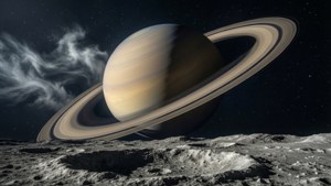 Ein Ringplanet von einer Mondoberfläche aus gesehen, filmisch und fotorealistisch.