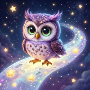 Owlette berdiri di atas sinar bulan di langit malam yang ajaib.