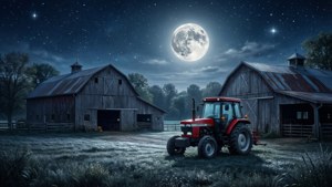 Ein friedlicher Bauernhof bei Nacht mit einem Traktor unter den Sternen