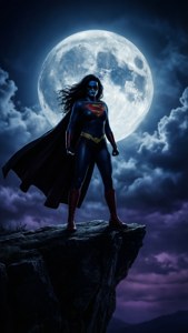 Una silueta dramática de una DC Bombshell contra una luna llena en un acantilado.