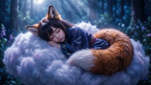 Senko-san sonnecchia su una nuvola sotto il chiaro di luna in una scena fantasy da sogno.