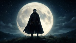 A cloaked man stands on a hill under a giant moon in a starry night sky. — Erwin smith Wallpaper