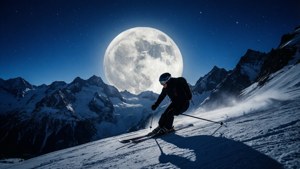 Een surrealistische silhouet van een skiër onder een volle maan en sterrenhemel.