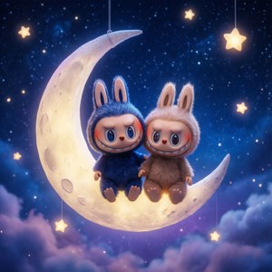 Bubu e Dudu sentam-se numa lua crescente sob um céu noturno estrelado.