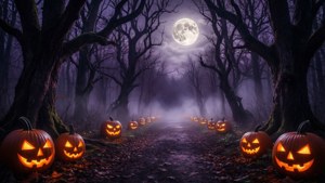 Glödande jack-o'-lyktor längs en dimmig skogsstig under en fullmåne.