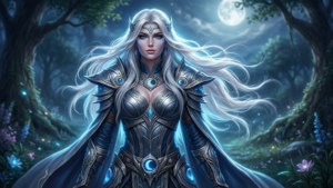 Tyrande Whisperwind bañada por la luz de la luna en un claro sereno del bosque