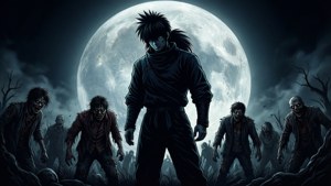 Akiras silhouet tegen een gigantische maan met zombies eronder creëert een epische, mysterieuze scène.