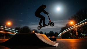 Saut de trottinette en silhouette sur rampe sous ciel éclairé par la lune