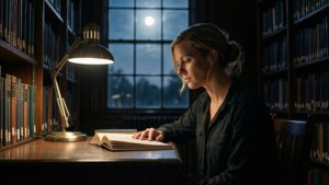 Chelsea Manning leest bij maanlicht in een bibliotheek