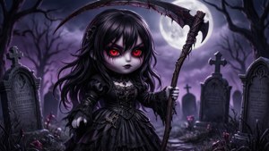 A spooky Gacha Life reaper in a graveyard.