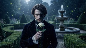 Etienne Fessard in un giardino illuminato dalla luna con una rosa, romantico e misterioso.