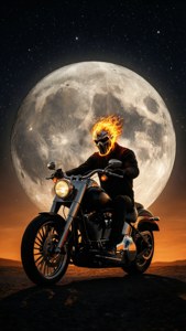 Silhouette von Ghost Rider und seinem Motorrad vor einem Vollmond.