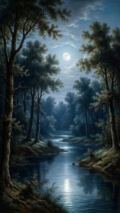 Une rivière éclairée par la lune serpentant à travers une forêt avec des reflets argent-bleu.