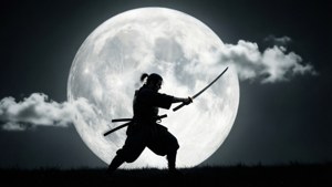 Um ronin silhuetado contra uma lua cheia massiva em uma postura defensiva.