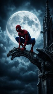 Spider-Man siluettina täysikuuta vasten goottilaisella gargoylella.