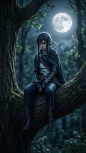 Kirito sitter på en tregren under månen.