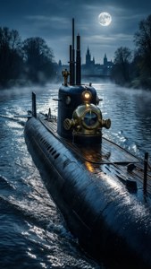 Kapal selam Drebbel muncul di bawah sinar bulan di sungai