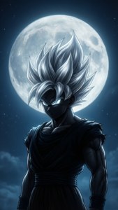 Siluet UI Goku di bawah bulan purnama.