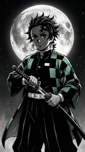Tanjiro silhuet under fuldmåne, manga stil