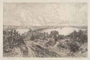 Morning by Thomas Moran, created 1886, in etching in black. Download this artwork as a high-resolution wallpaper for desktop, tablet, or mobile. — Thomas Moran Wallpaper