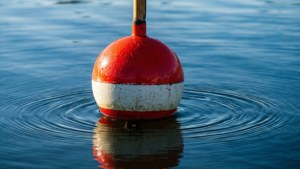 A serene close-up of a fishing bobber on water at sunrise.