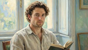 Jonge Léopold Boëns leest bij een zonnig raam in impressionistische stijl