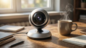 Flat-lay acogedor de escritorio con webcam, café y notas bajo la cálida luz del sol.
