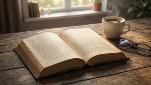 Ein offenes Lehrbuch mit Kaffee und Brille, perfekt für studienbezogene Hintergrundbilder.