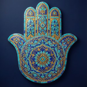Tangan hamsa terinspirasi ubin Maroko dalam warna biru, pirus, dan emas